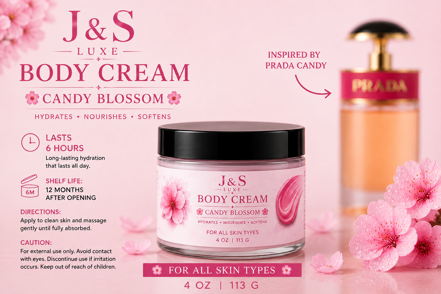 J&S Luxe Body Cream Candy Blossom 4oz jar with cherry blossoms