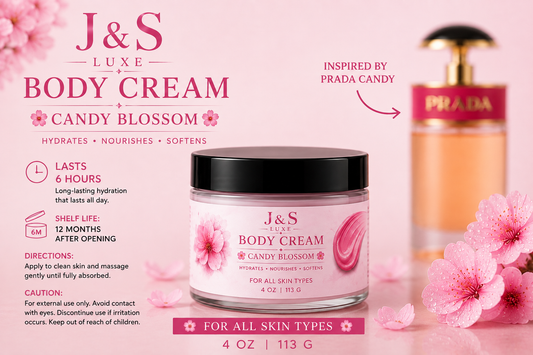 J&S Luxe Body Cream Candy Blossom 4oz jar with cherry blossoms
